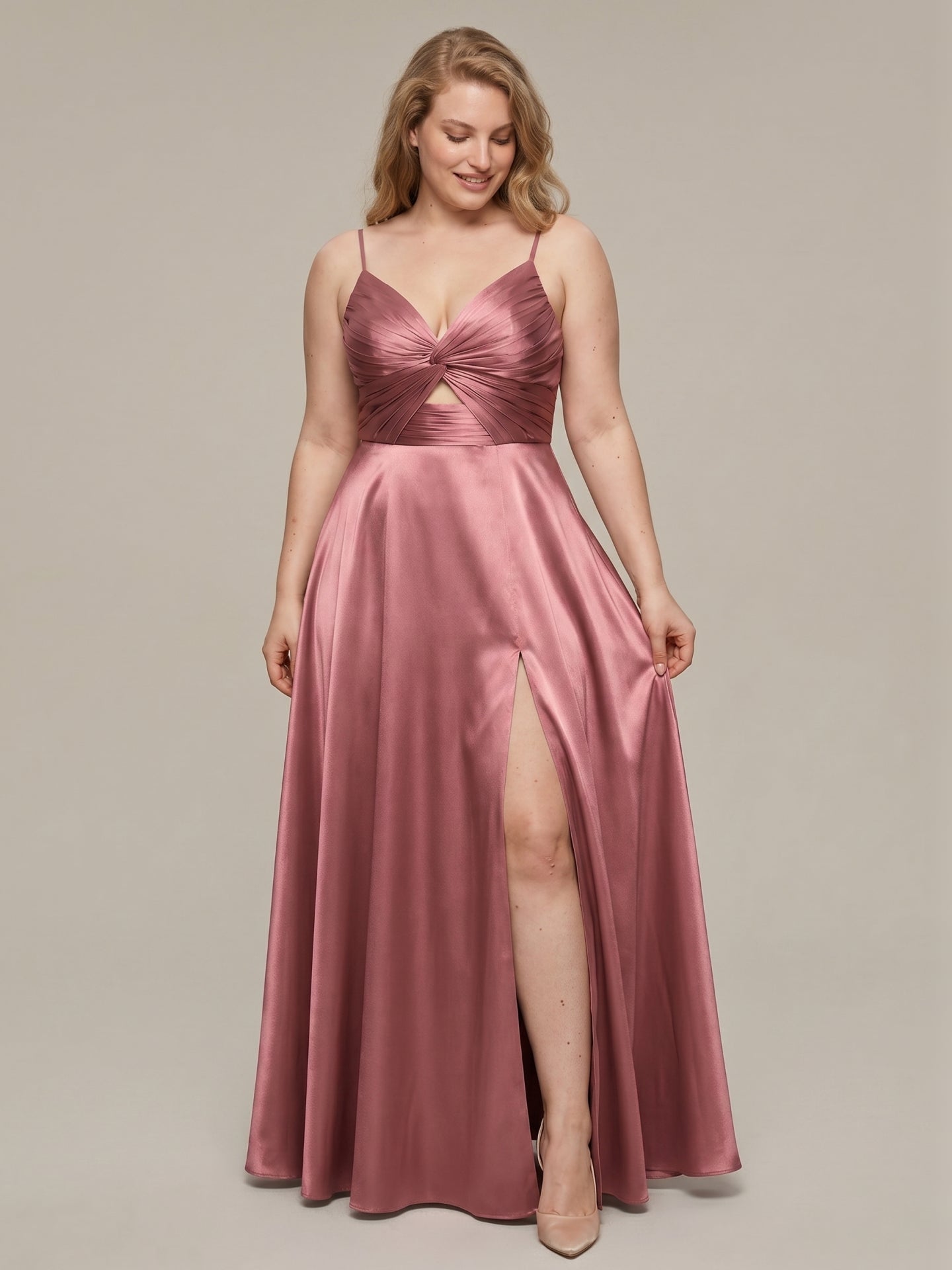 Sexy Rose Gold Satin A-Line V-Neck Back Zip with Beaded Details Ankle-Length Plus Size Bridesmaid Dress