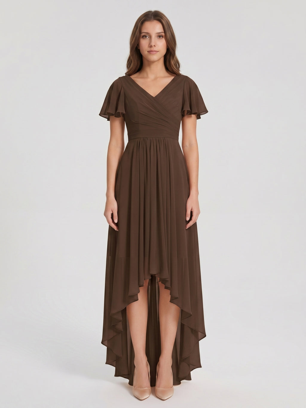 Mocha Chiffon A-Line V-Neck V-Back Asymmetrical Pleated Bridesmaid Dress