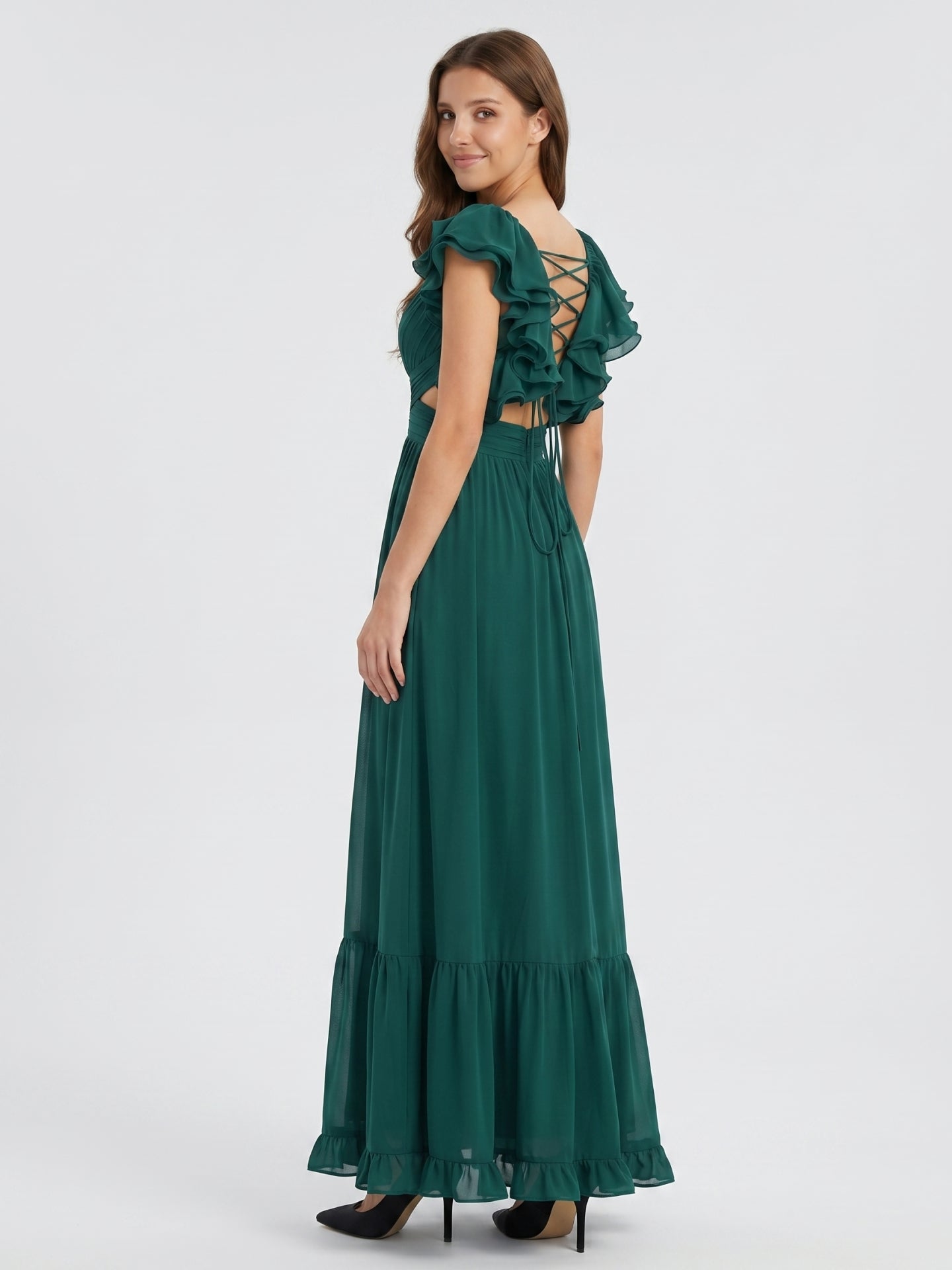 Peacock Chiffon A-Line V-Neck Criss-Cross Back Floor-Length Ruffle Bridesmaid Dress