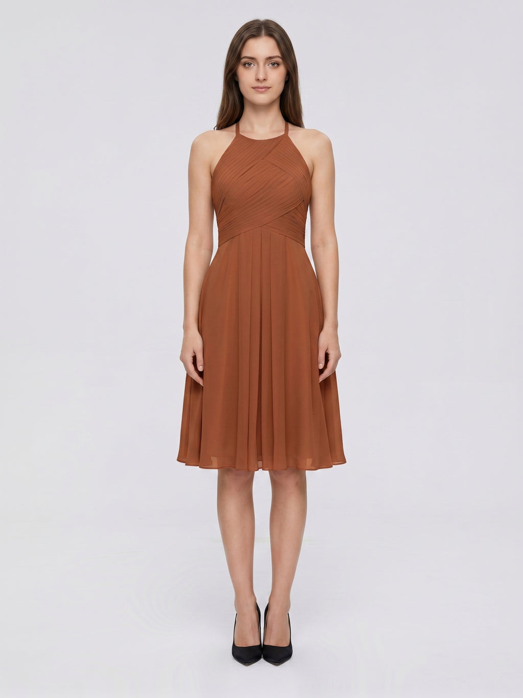 Terracotta Chiffon A-Line Halter Keyhole Back Knee-Length Pleated Bridesmaid Dress