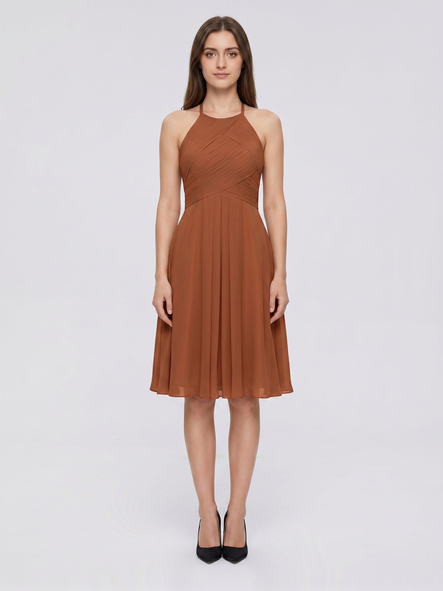 Terracotta Chiffon A-Line Halter Keyhole Back Knee-Length Pleated Bridesmaid Dress