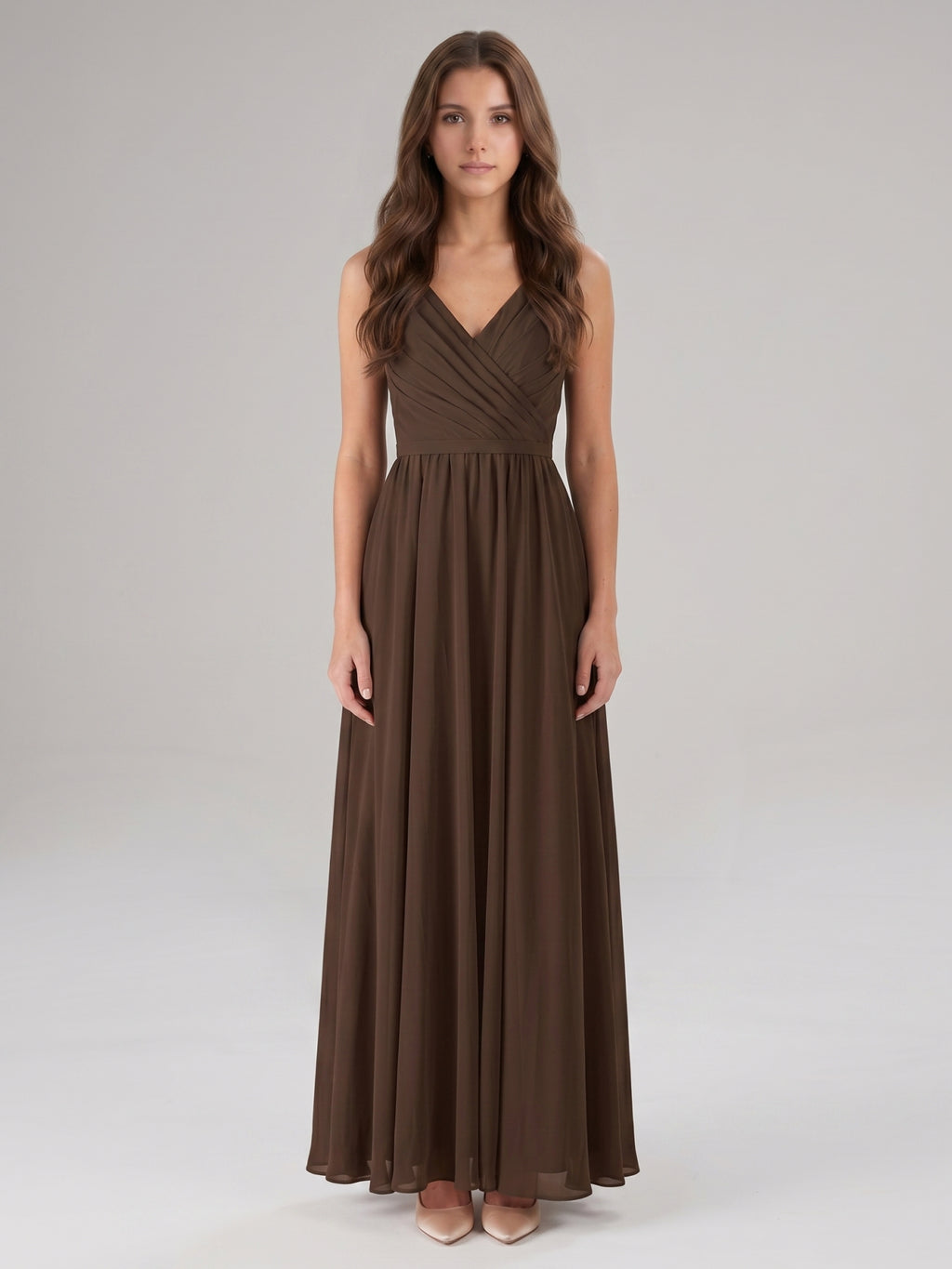 Mocha Chiffon A-Line V-Neck V-Back Floor-Length Bridesmaid Dress with Bow