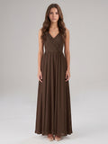 Mocha Chiffon A-Line V-Neck V-Back Floor-Length Bridesmaid Dress with Bow