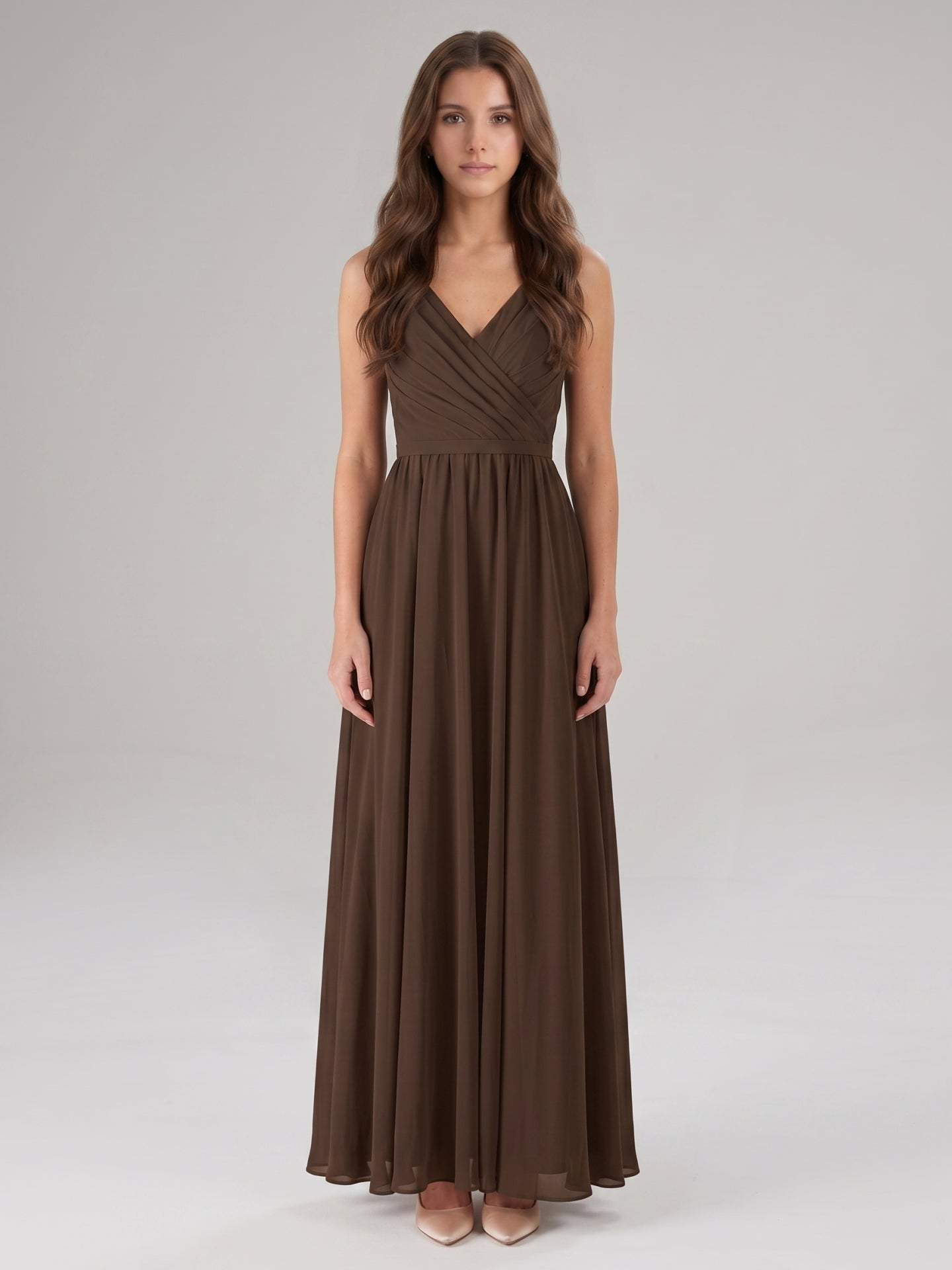 Mocha Chiffon A-Line V-Neck V-Back Floor-Length Bridesmaid Dress with Bow