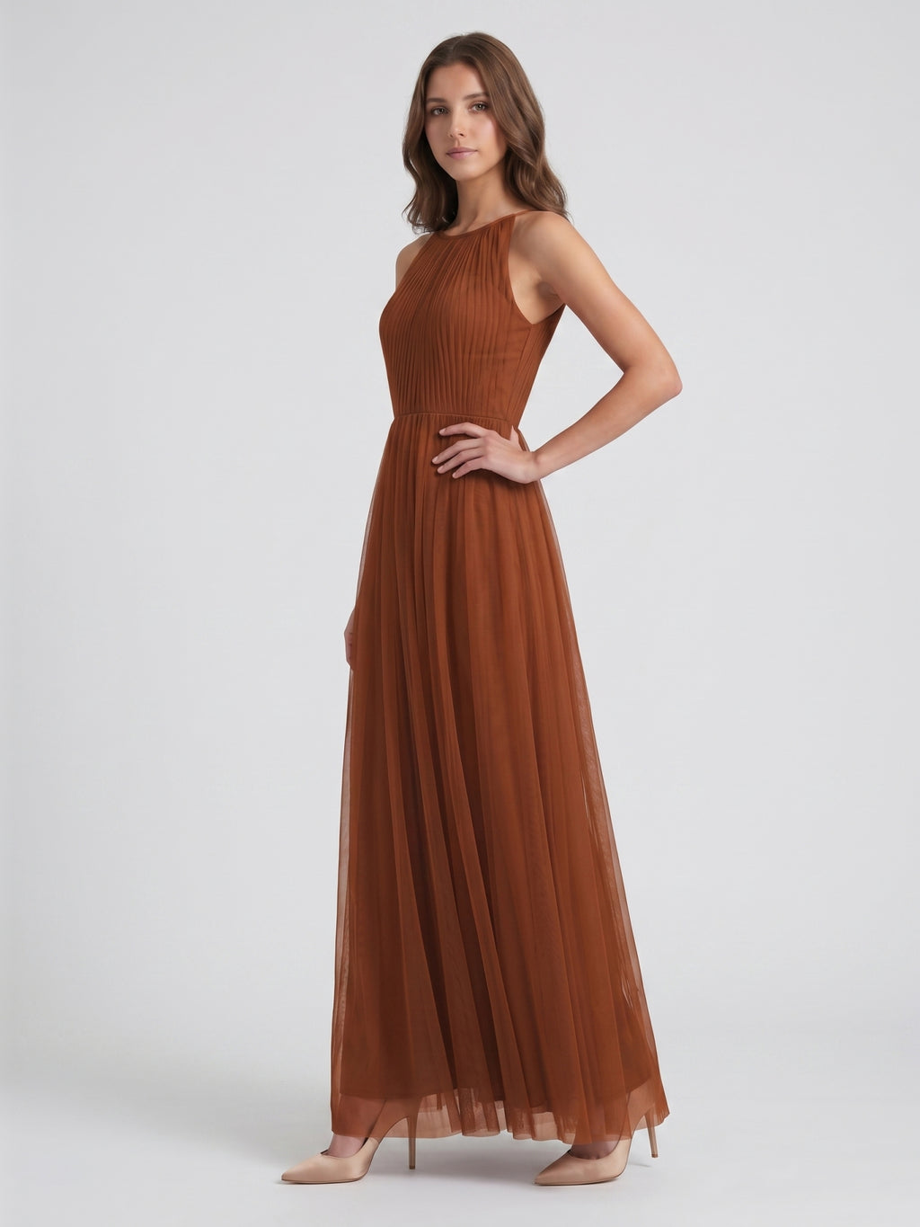 Terracotta Tulle A-Line Scoop Neck Back Zip Floor-Length Pleated Bridesmaid Dress