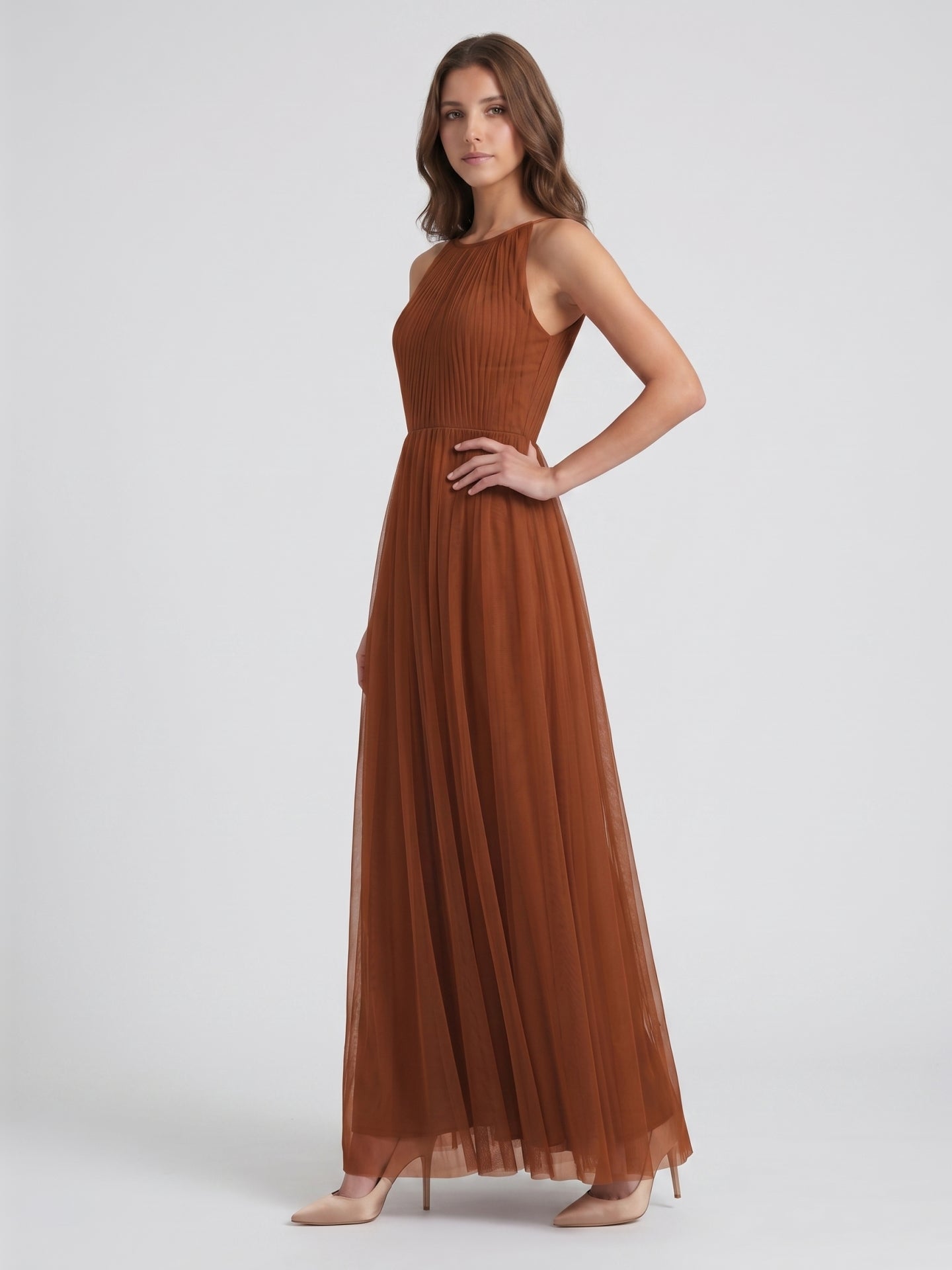 Terracotta Tulle A-Line Scoop Neck Back Zip Floor-Length Pleated Bridesmaid Dress