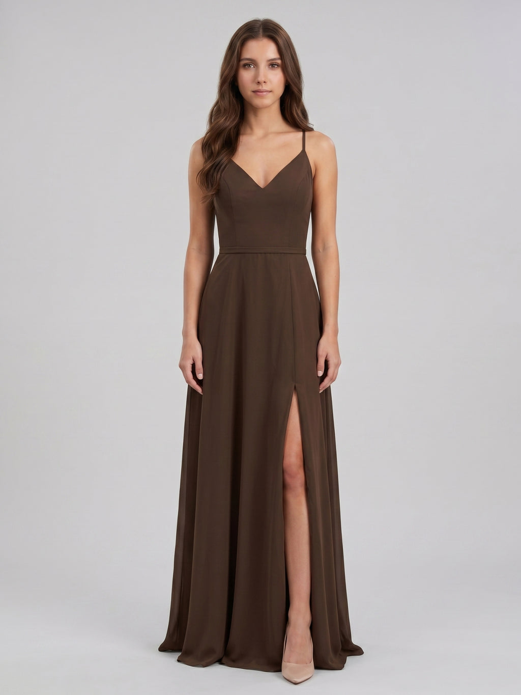 Mocha Chiffon A-Line V-Neck Backless Floor-Length Bridesmaid Dress
