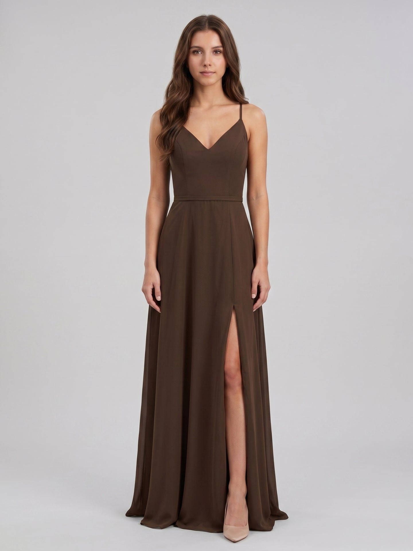 Mocha Chiffon A-Line V-Neck Backless Floor-Length Bridesmaid Dress