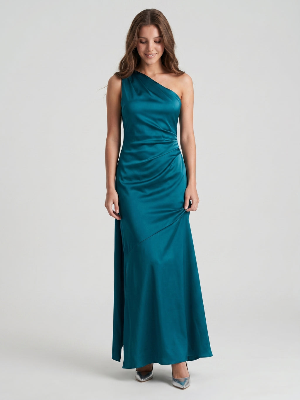Elegant Teal Satin column One Shoulder Backless Ankle-Length Bridesmaid Dress