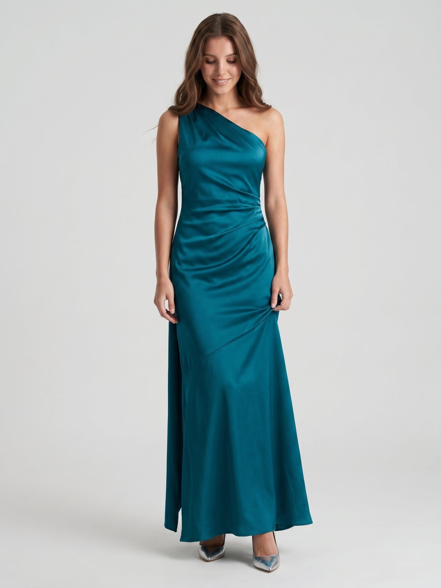 Elegant Teal Satin column One Shoulder Backless Ankle-Length Bridesmaid Dress