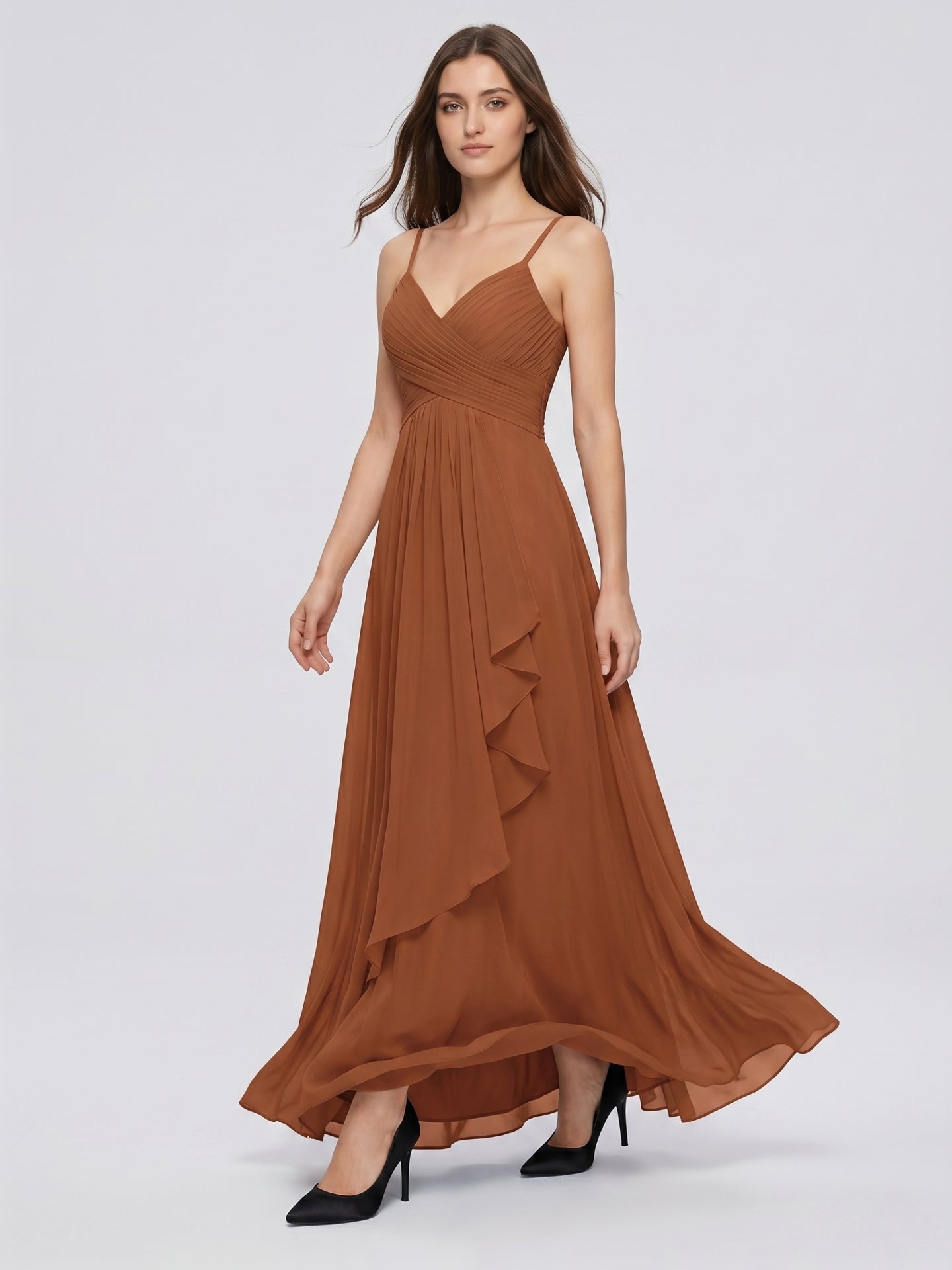 Terracotta Chiffon A-Line V-Neck Backless Floor-Length Pleated Bridesmaid Dress