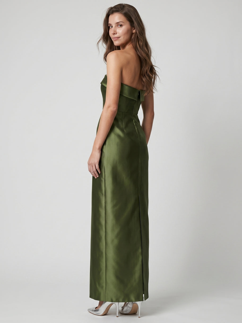 Olive Green Satin Sheath Off-the-Shoulder Backless Floor-Length Bridesmaid Dress