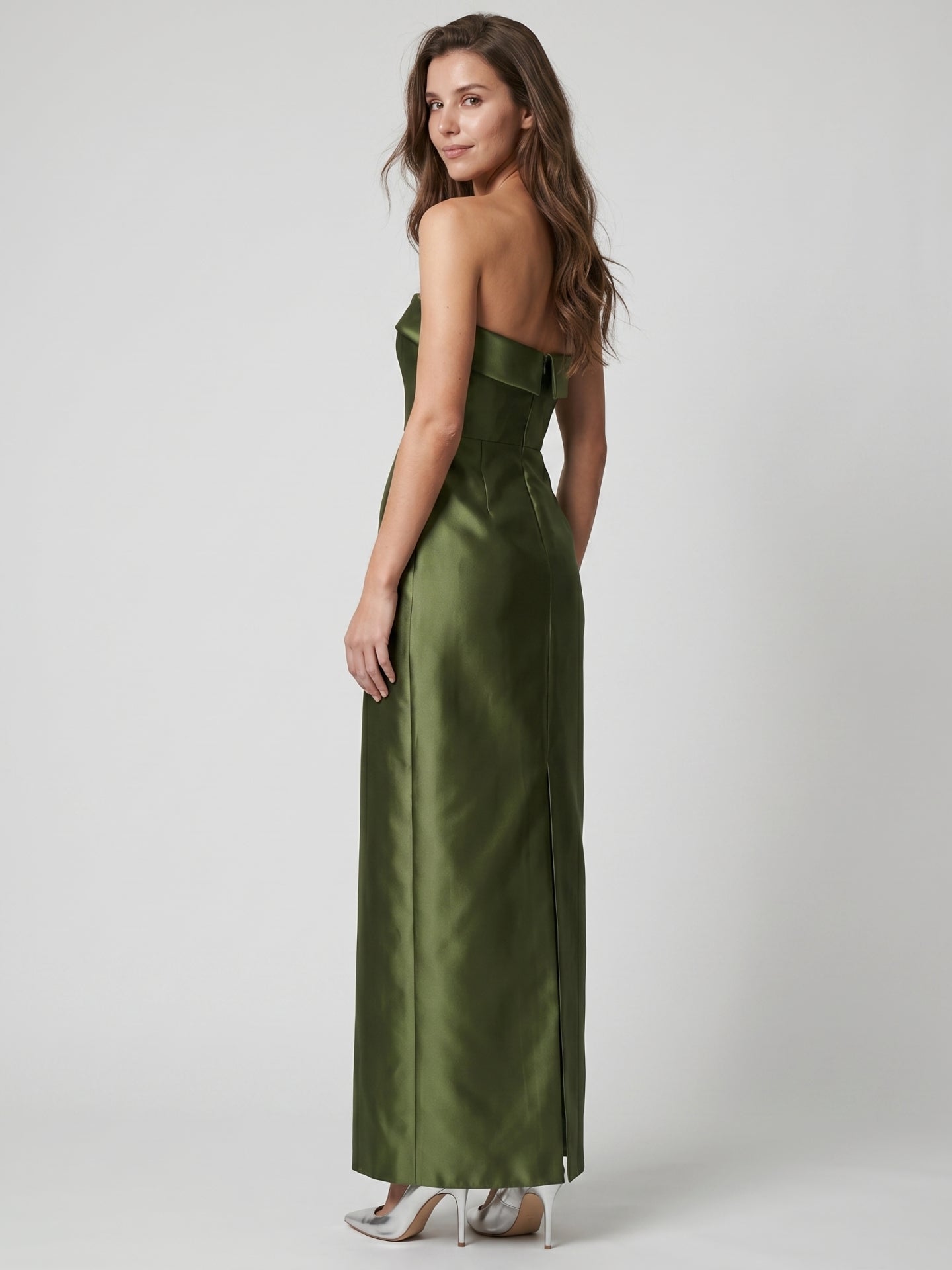 Olive Green Satin Sheath Off-the-Shoulder Backless Floor-Length Bridesmaid Dress
