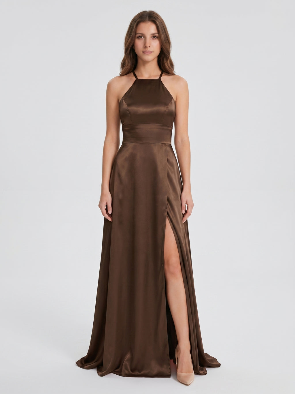 Mocha Satin A-Line Halter Criss-Cross Back Floor-Length Bridesmaid Dress