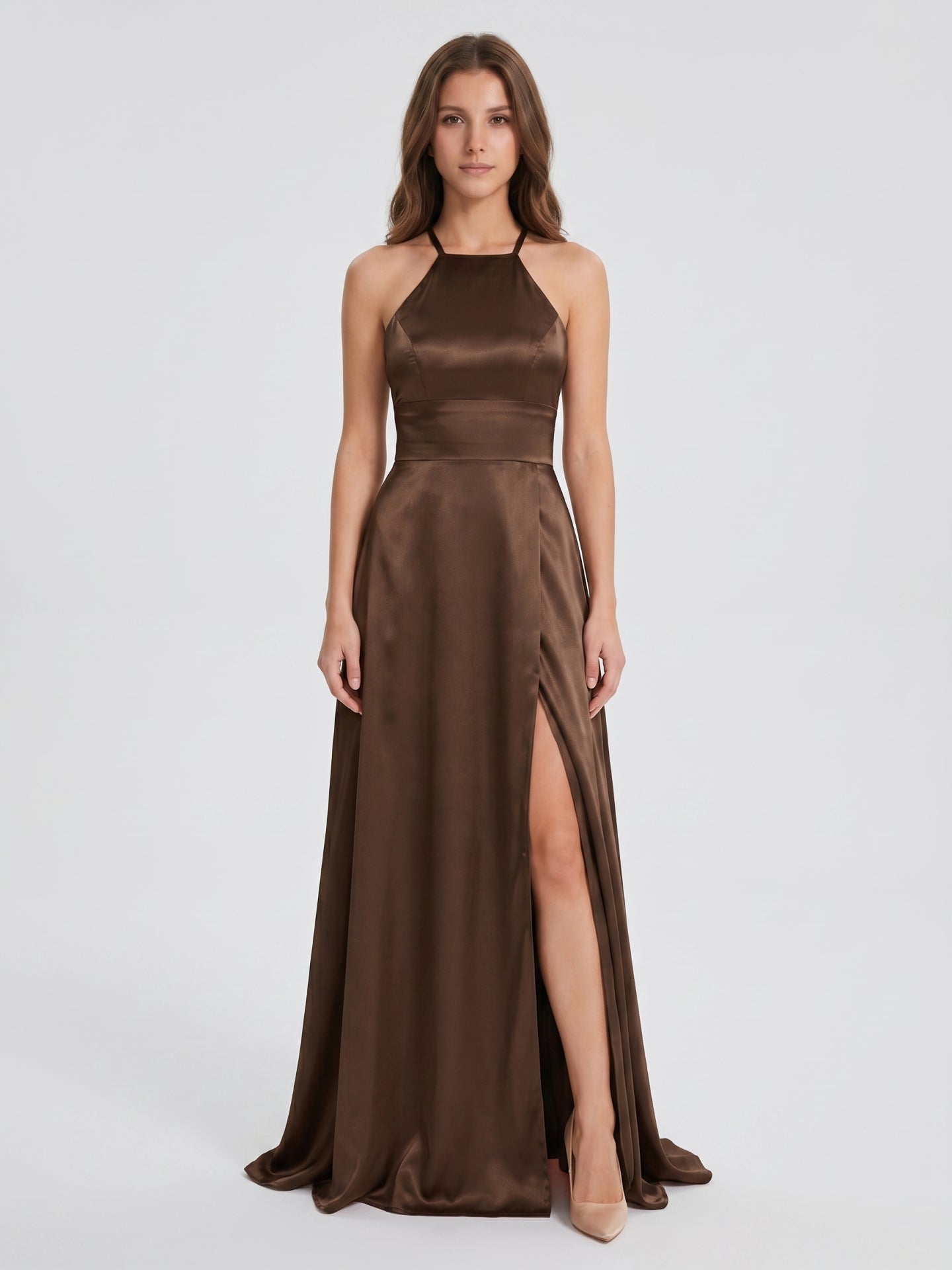 Mocha Satin A-Line Halter Criss-Cross Back Floor-Length Bridesmaid Dress