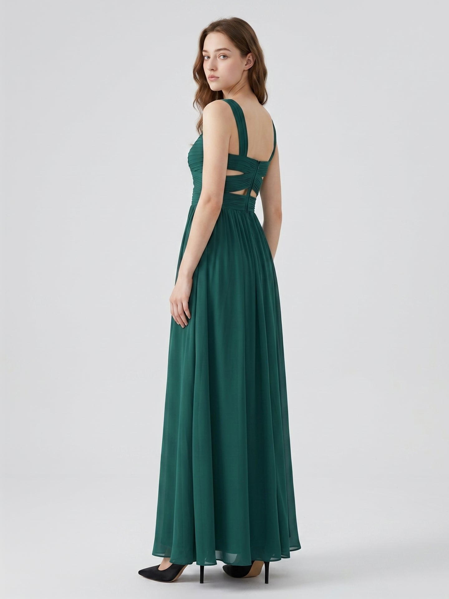 Peacock Chiffon A-Line Sweetheart Back Zip Floor-Length Pleated Bridesmaid Dress