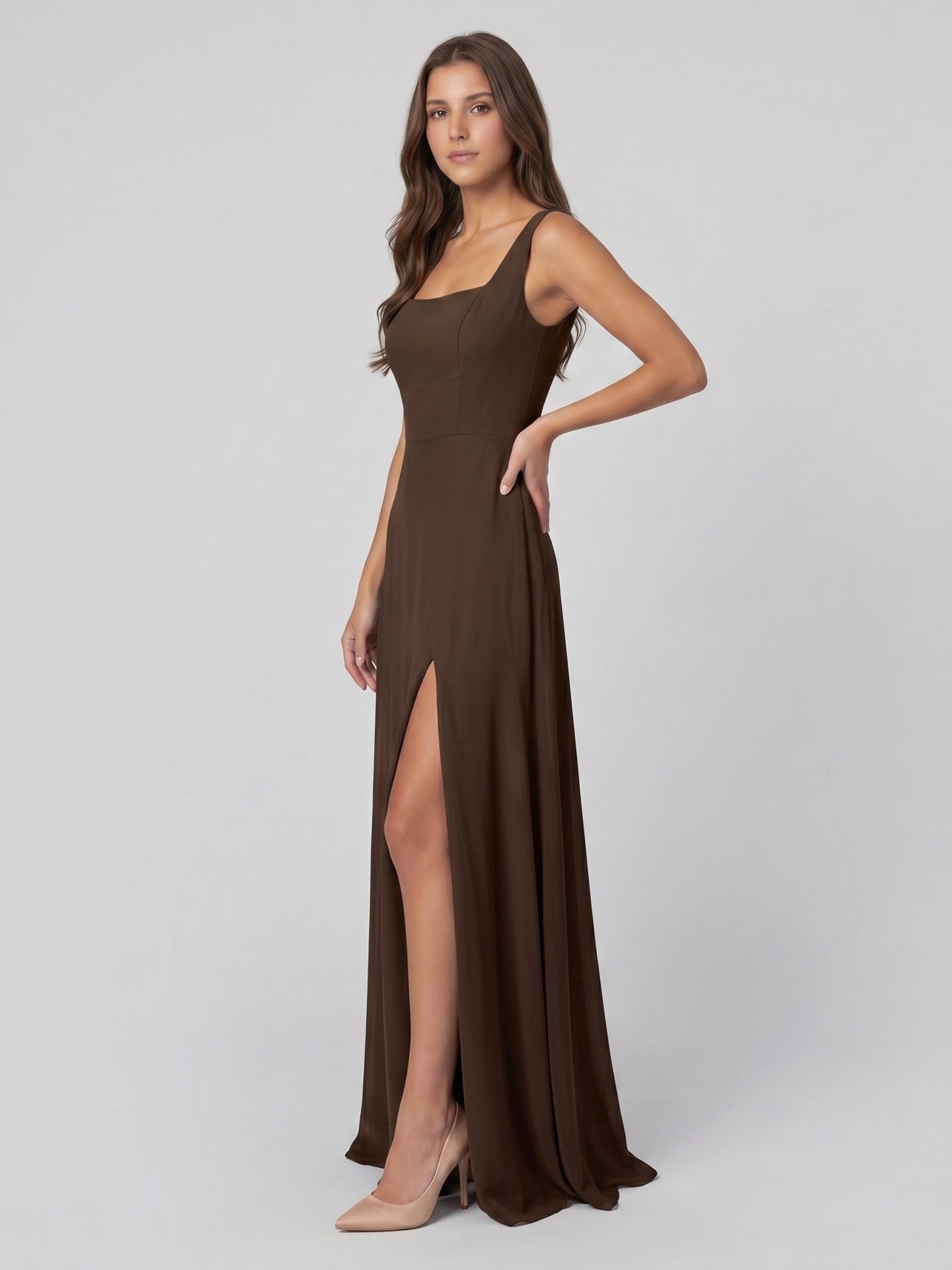 Mocha Chiffon A-Line Square Neck Backless Floor-Length Bridesmaid Dress
