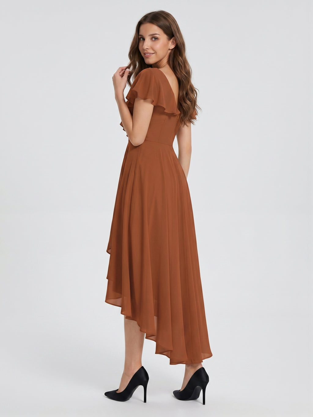 Terracotta Chiffon A-Line V-Neck V-Back Asymmetrical Ruffle Bridesmaid Dress