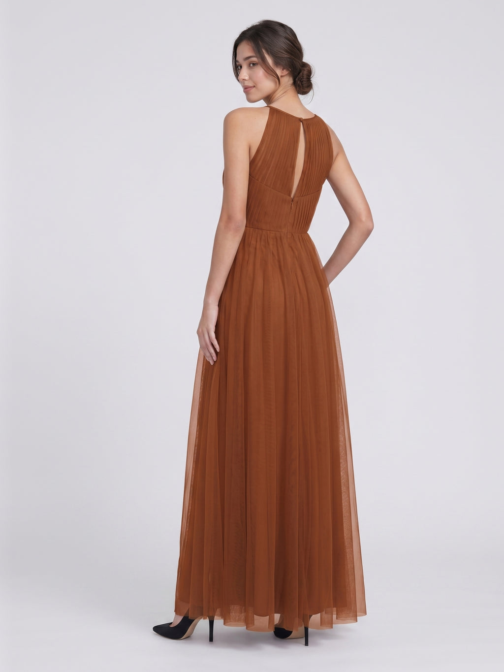 Terracotta Tulle A-Line Scoop Neck Back Zip Floor-Length Pleated Bridesmaid Dress