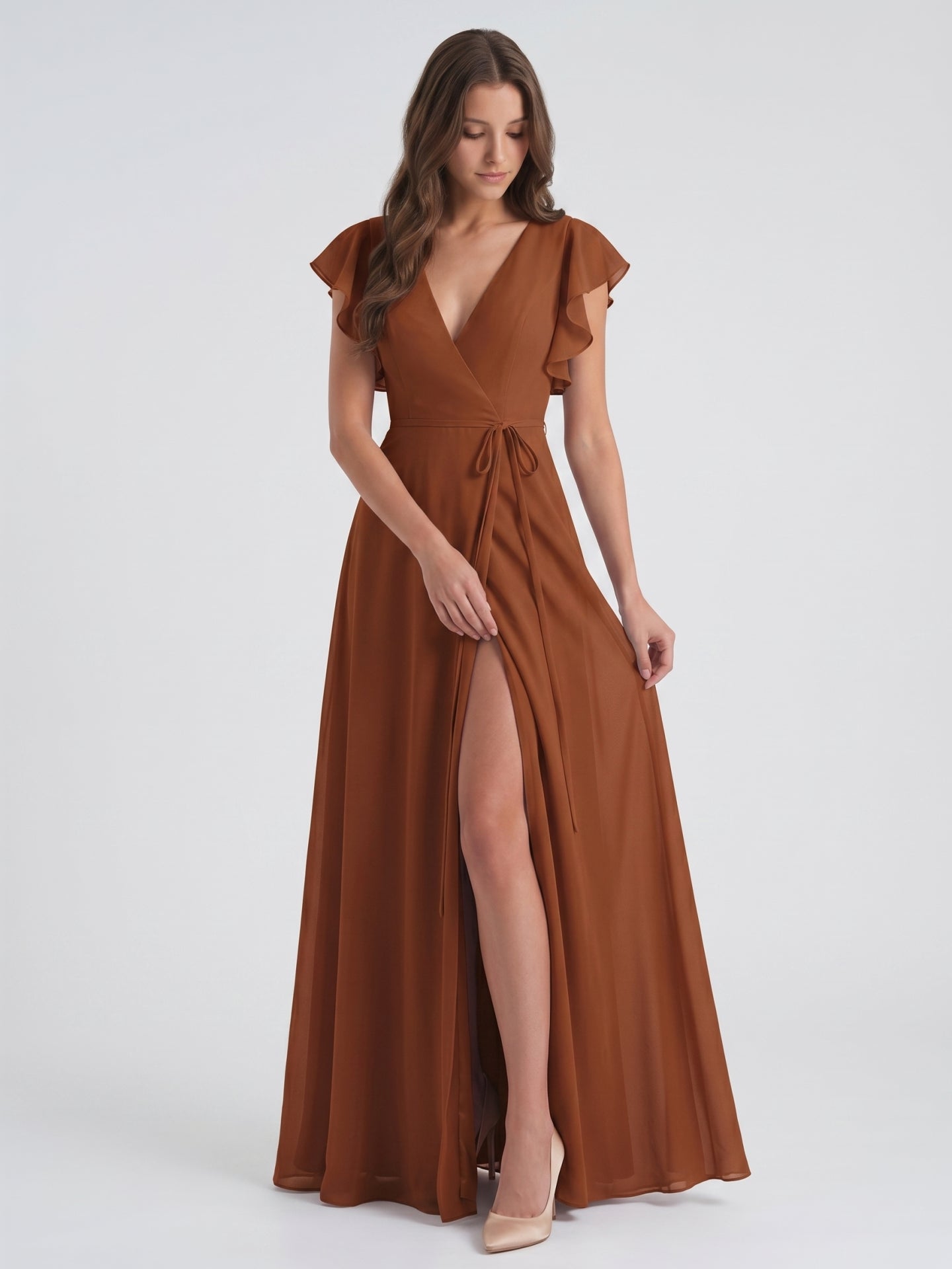 Terracotta Chiffon Sheath V-Neck Back Zip Floor-Length Ruffle Bridesmaid Dress