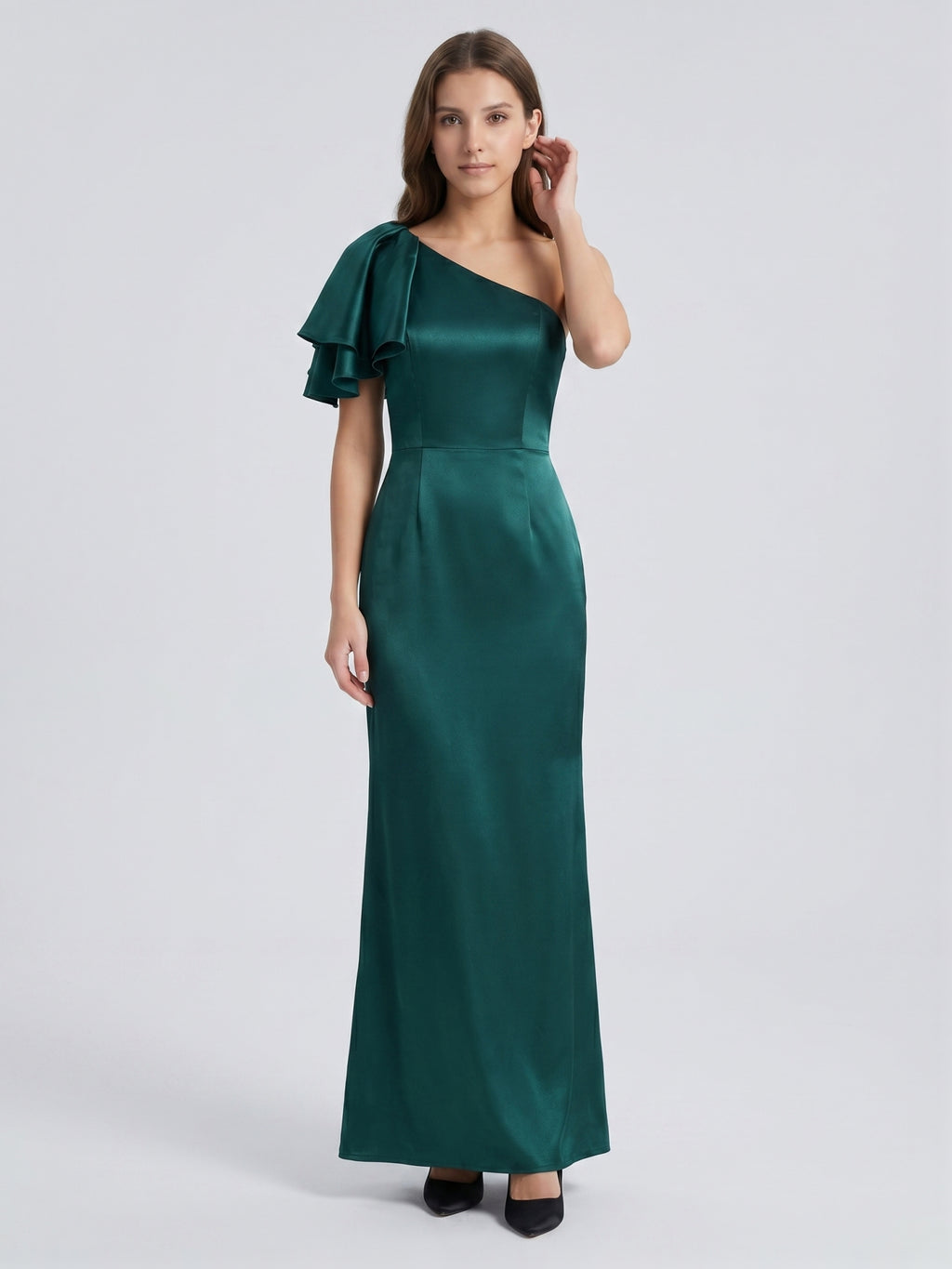 Peacock Satin Sheath One Shoulder Back Zip Floor-Length Ruffle Bridesmaid Dress