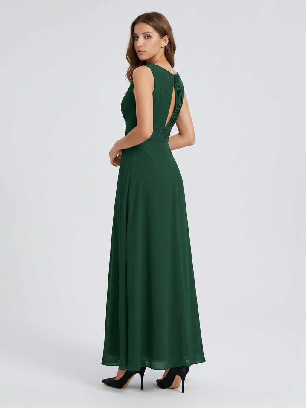 Forest Green Chiffon A-Line V-Neck Keyhole Back Floor-Length Pleated Bridesmaid Dress