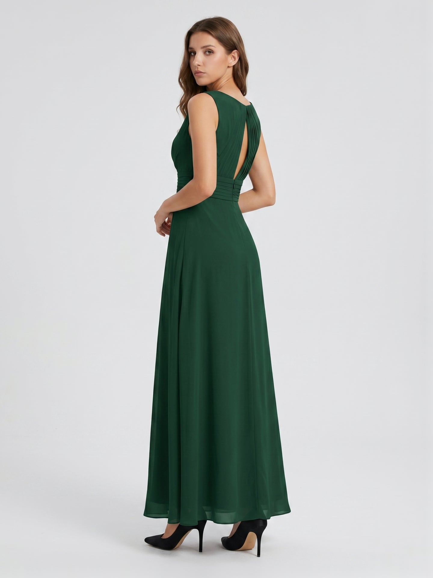 Forest Green Chiffon A-Line V-Neck Keyhole Back Floor-Length Pleated Bridesmaid Dress