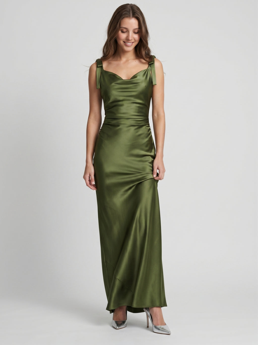 Olive Green Satin Mermaid Cowl Neck Backless Floor-Length Pleated Bridesmaid Dress