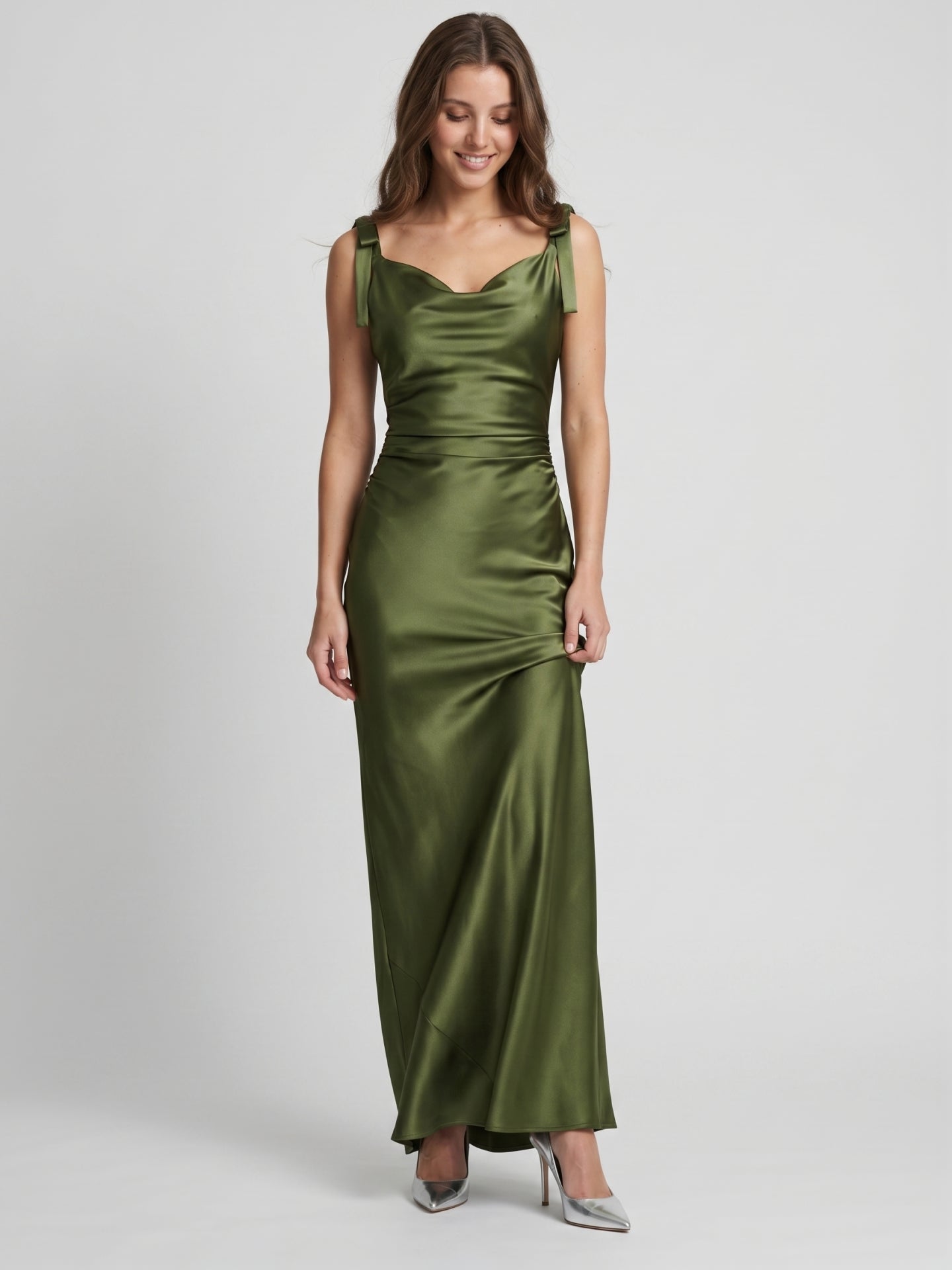 Olive Green Satin Mermaid Cowl Neck Backless Floor-Length Pleated Bridesmaid Dress