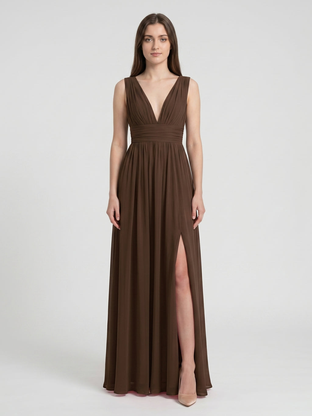 Mocha Chiffon A-Line V-Neck V-Back Ankle-Length Pleated Bridesmaid Dress