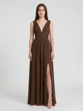 Mocha Chiffon A-Line V-Neck V-Back Ankle-Length Pleated Bridesmaid Dress