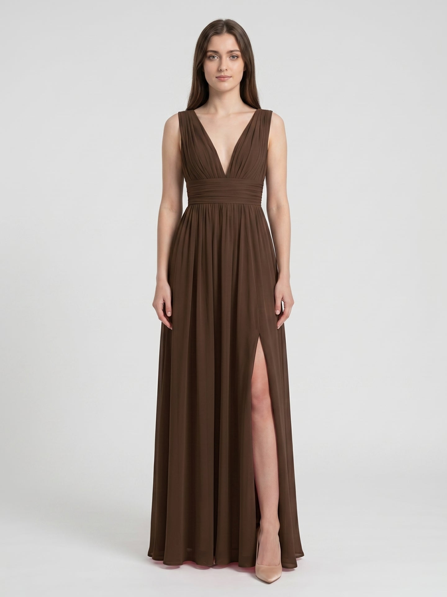 Mocha Chiffon A-Line V-Neck V-Back Ankle-Length Pleated Bridesmaid Dress