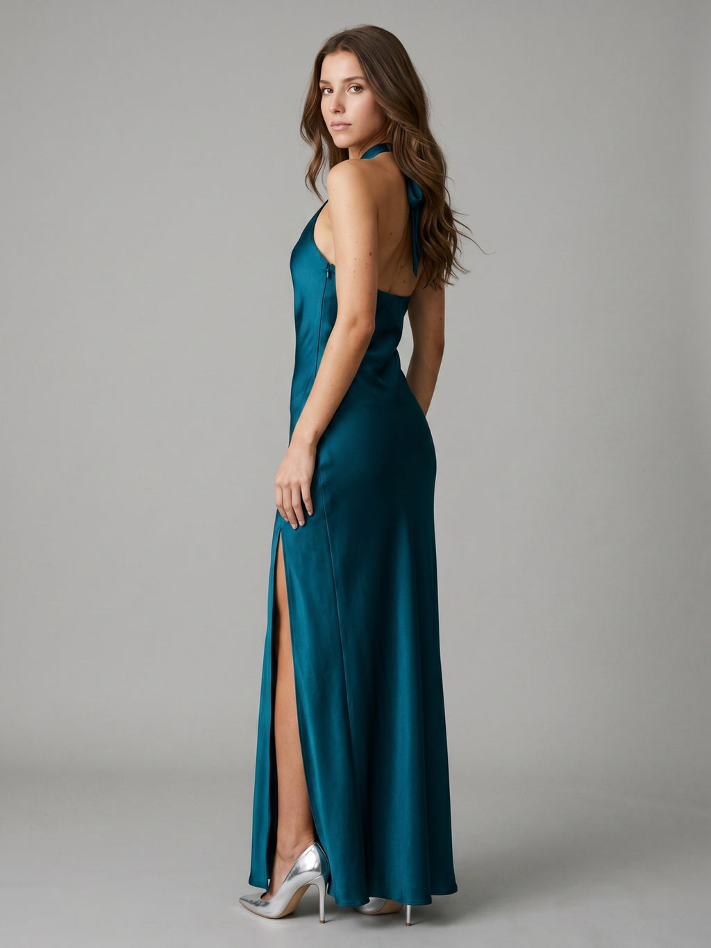Teal Satin Column Halter Backless Floor-Length Bridesmaid Dress with Bow