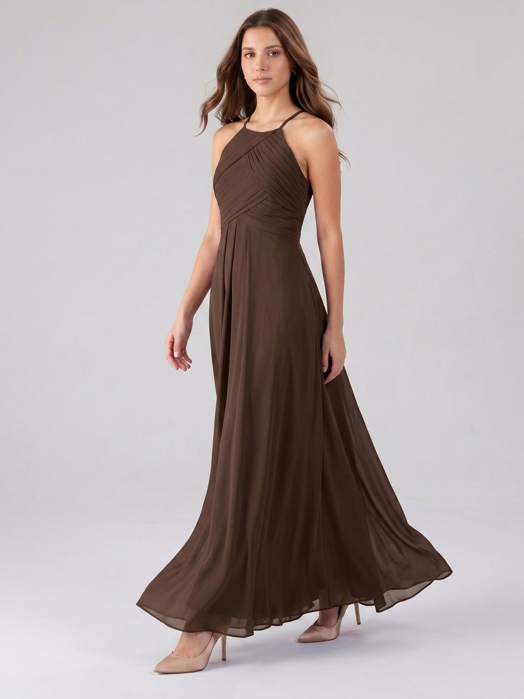 Mocha Chiffon A-Line Halter Keyhole Back Floor-Length Pleated Bridesmaid Dress