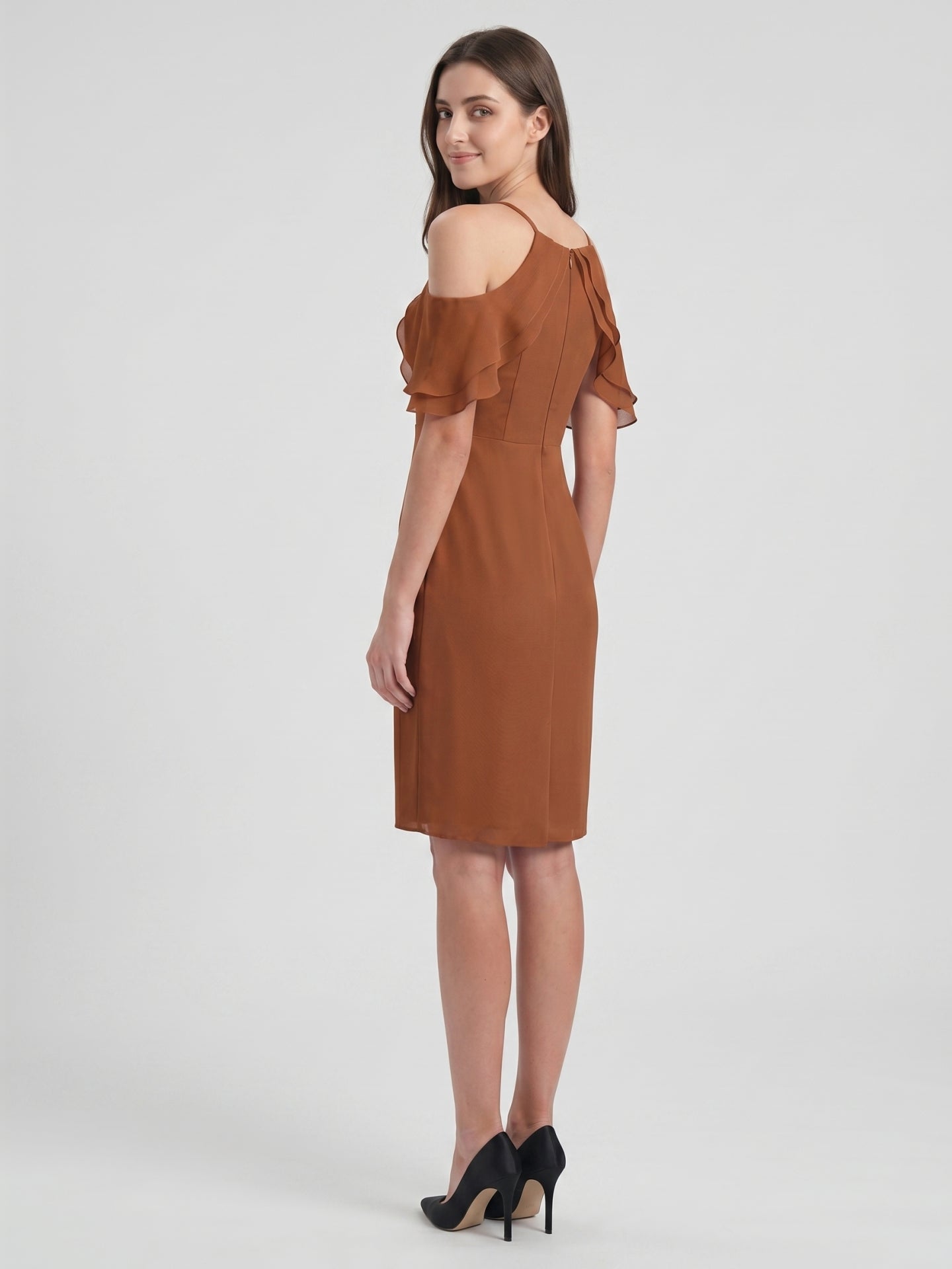 Terracotta Chiffon Sheath Off-the-Shoulder Back Zip Knee-Length Ruffle Bridesmaid Dress