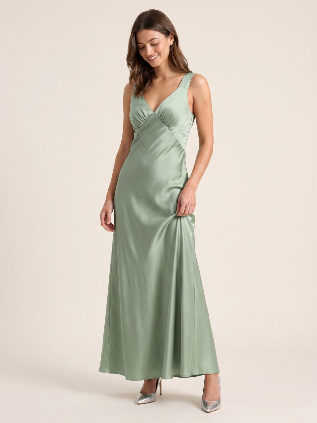 Refined Dusty Sage Satin column V-Neck Backless Ankle-Length  Bridesmaid Dress