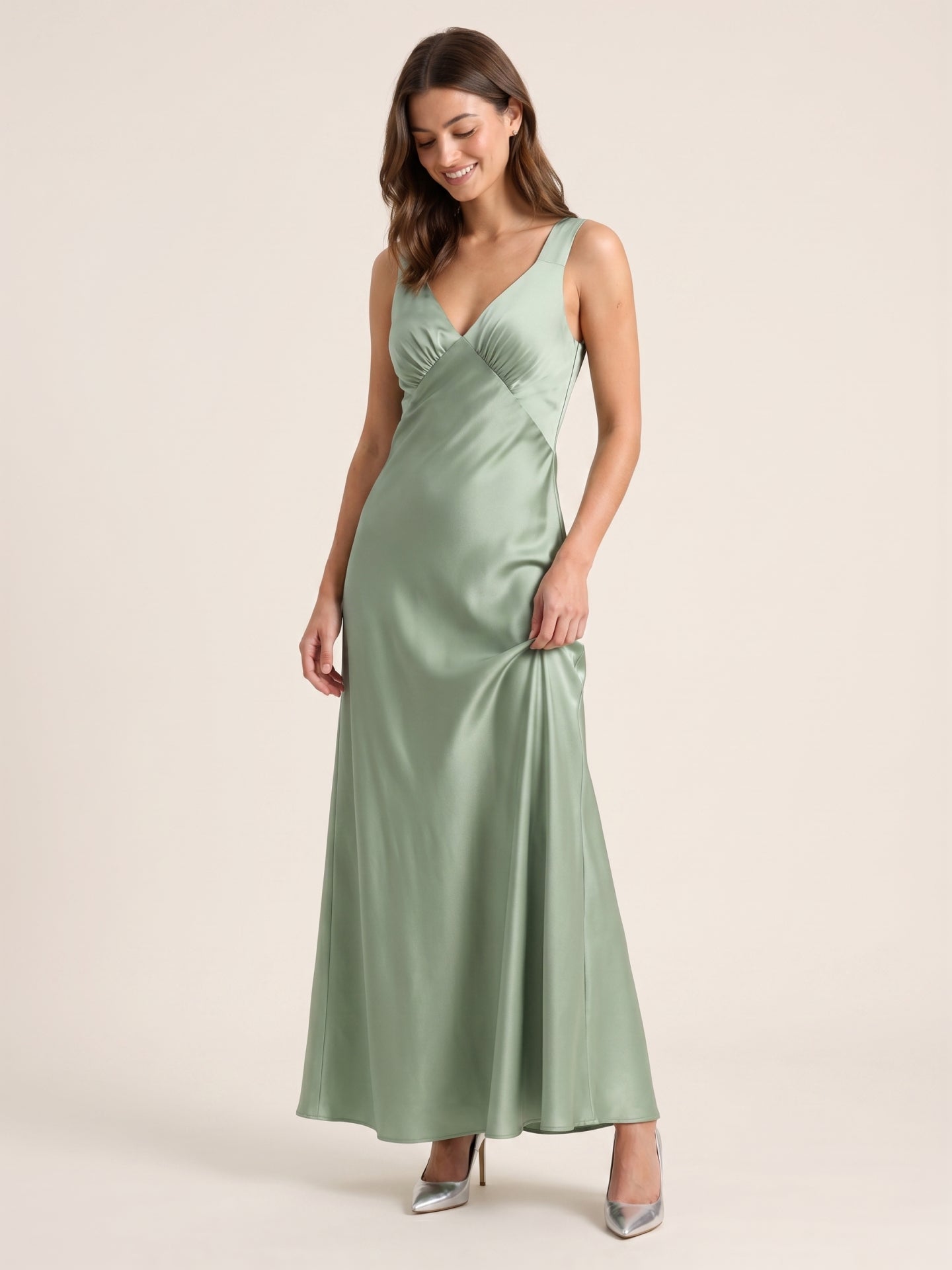 Refined Dusty Sage Satin column V-Neck Backless Ankle-Length  Bridesmaid Dress