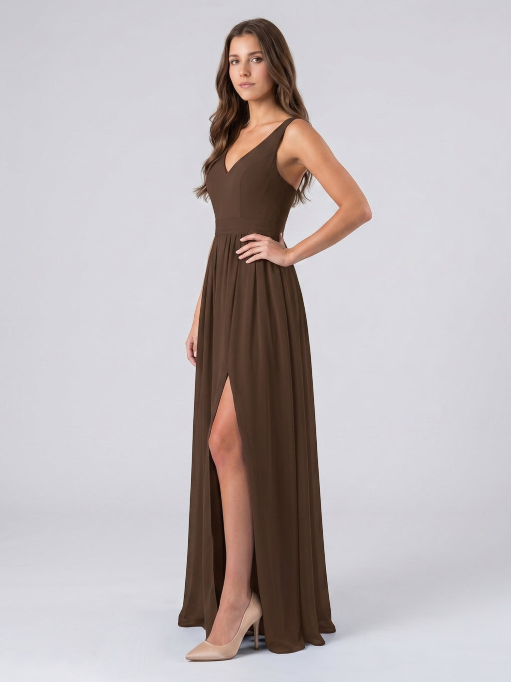 Mocha Chiffon A-Line V-Neck Backless Floor-Length Pleated Bridesmaid Dress
