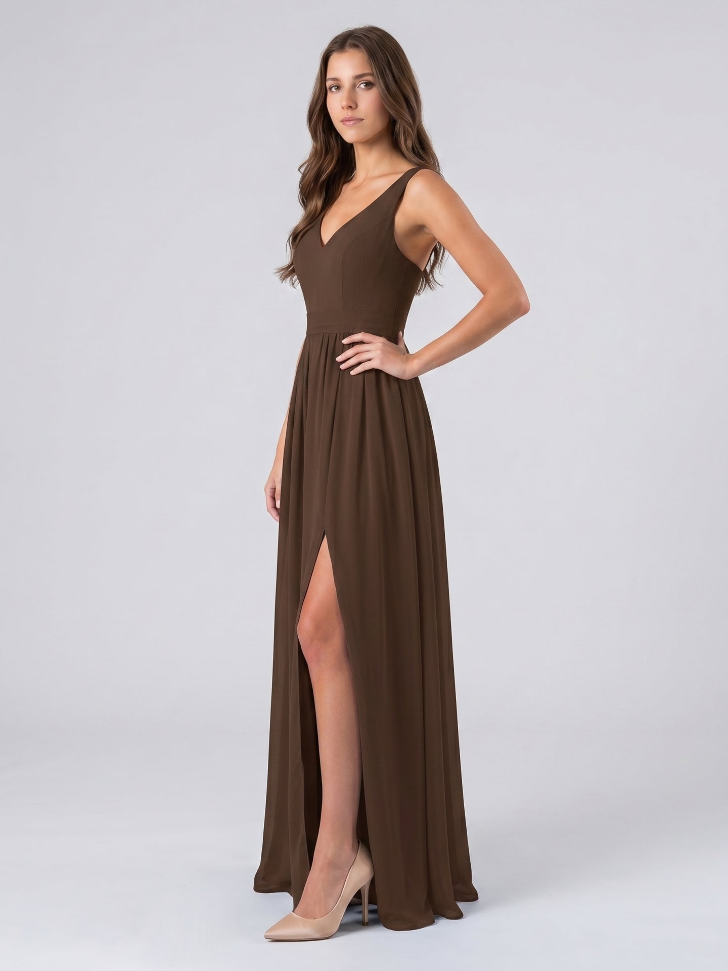 Mocha Chiffon A-Line V-Neck Backless Floor-Length Pleated Bridesmaid Dress