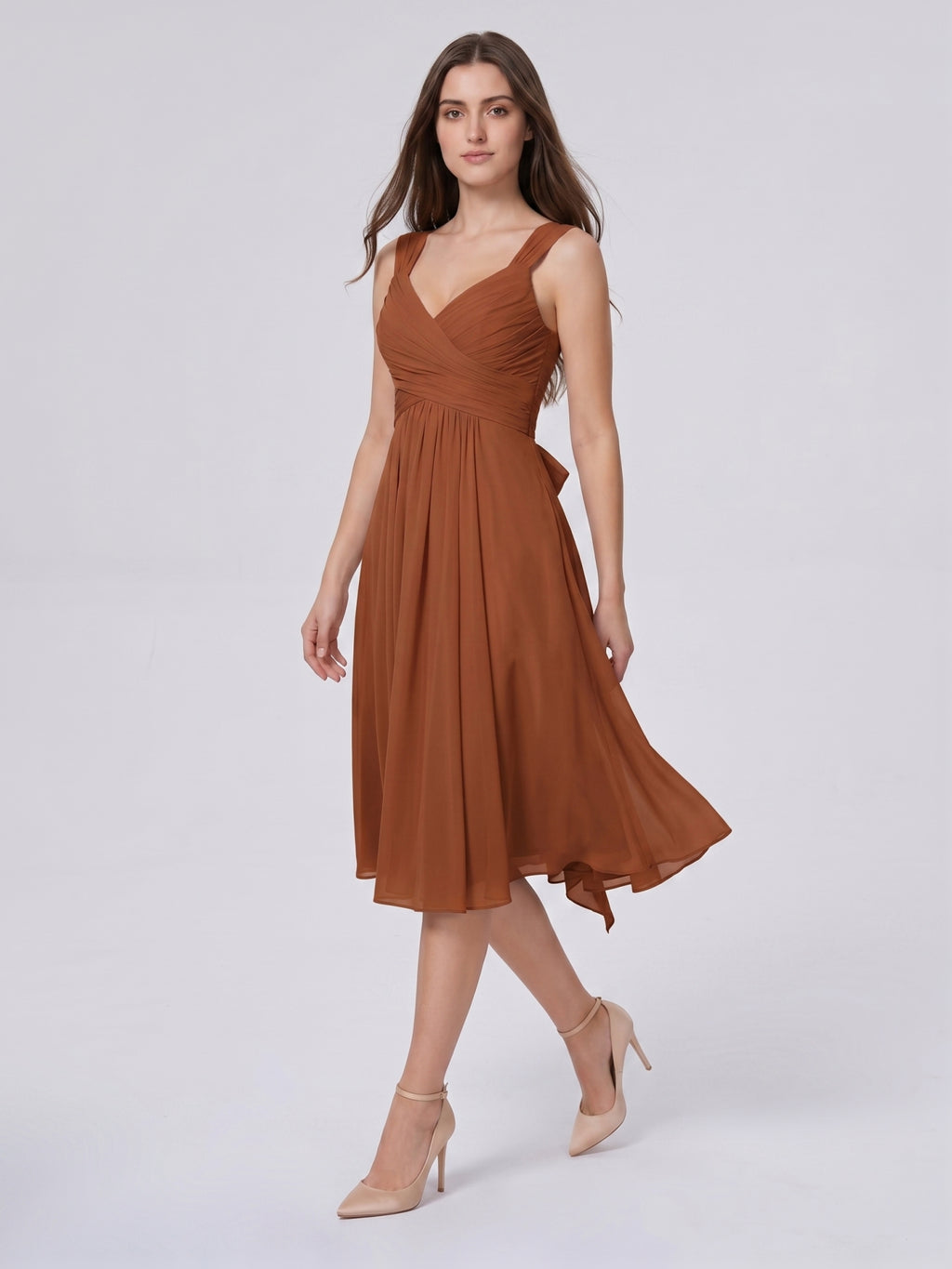Terracotta Chiffon A-Line V-Neck Backless Knee-Length Bridesmaid Dress with Bow