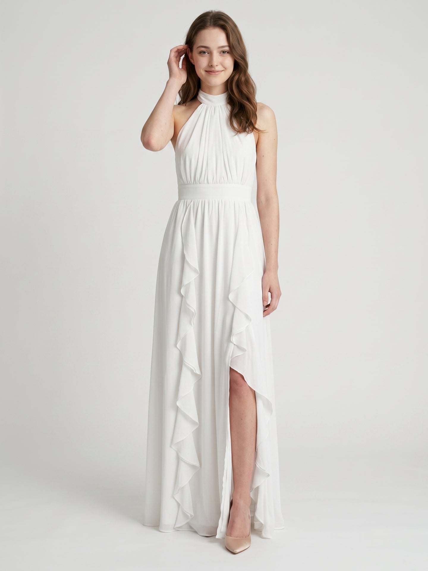 Ivory Chiffon A-Line Halter Bow Back Floor-Length Ruffle Bridesmaid Dress