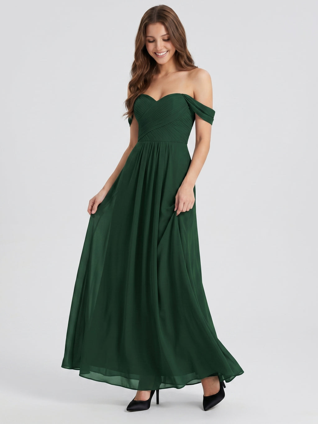 Forest Green Chiffon A-Line Off-the-Shoulder Backless Floor-Length Pleated Dress