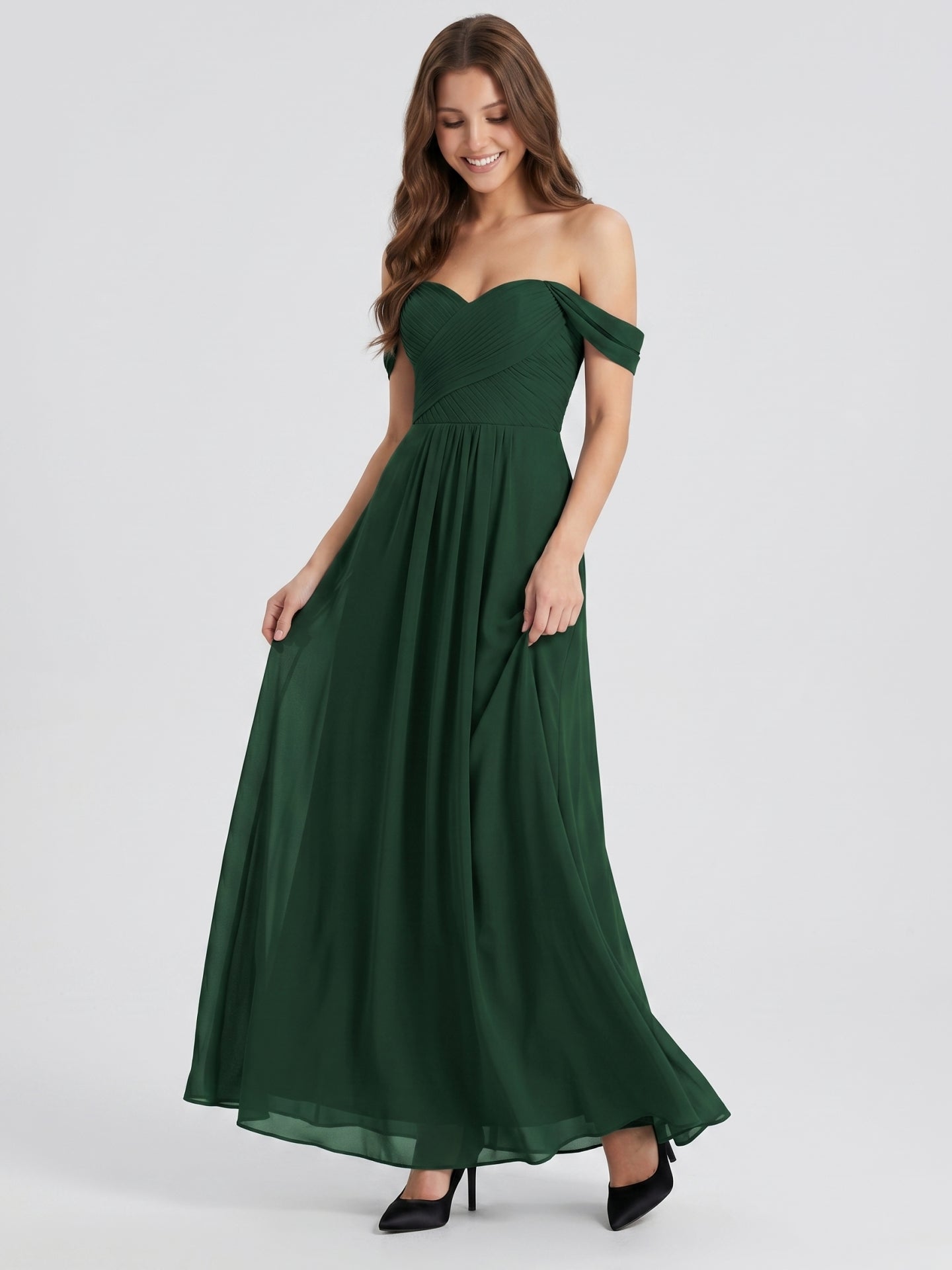 Forest Green Chiffon A-Line Off-the-Shoulder Backless Floor-Length Pleated Dress