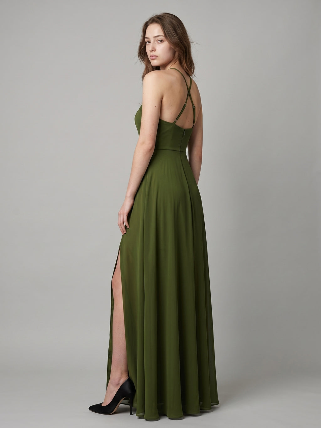 Olive Green Chiffon A-Line Halter Back Zip Floor-Length Bridesmaid Dress