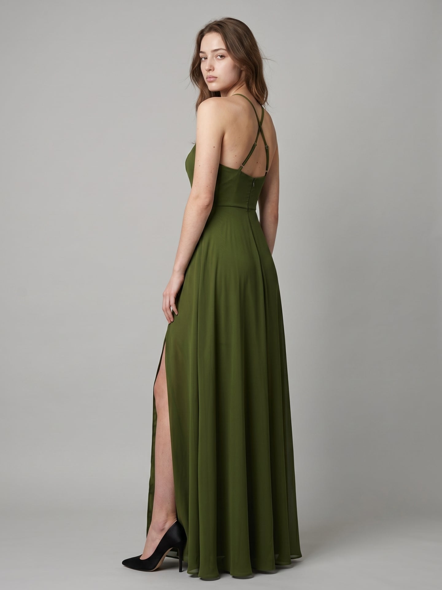 Olive Green Chiffon A-Line Halter Back Zip Floor-Length Bridesmaid Dress