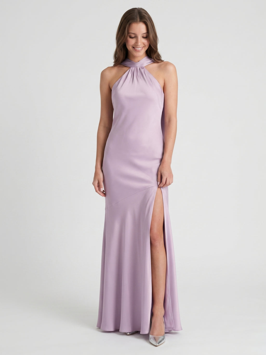 Elegant Lavender Matte Satin Sheath Halter neckline Back Zip Ankle-Length Bridesmaid Dress