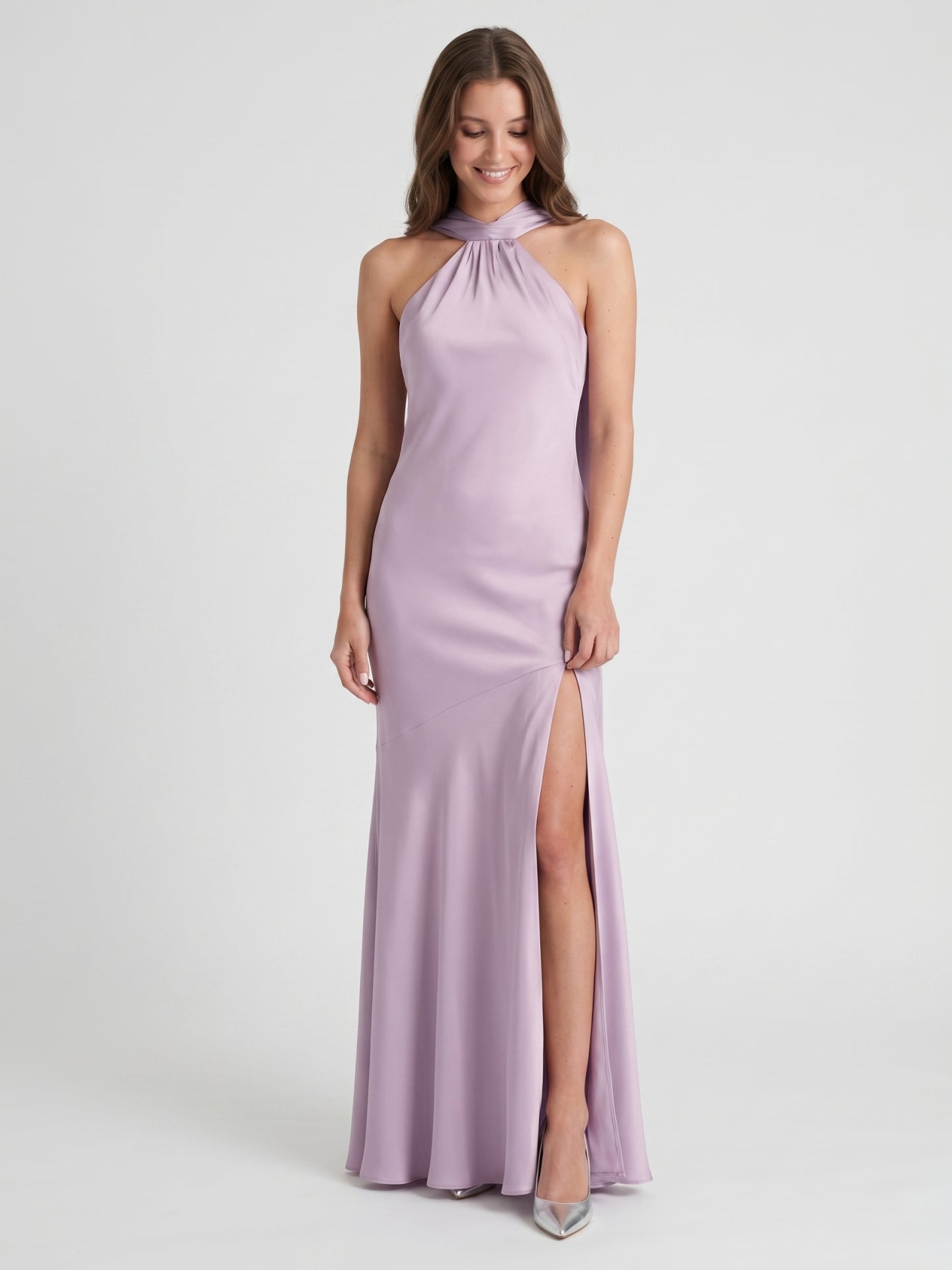 Elegant Lavender Matte Satin Sheath Halter neckline Back Zip Ankle-Length Bridesmaid Dress