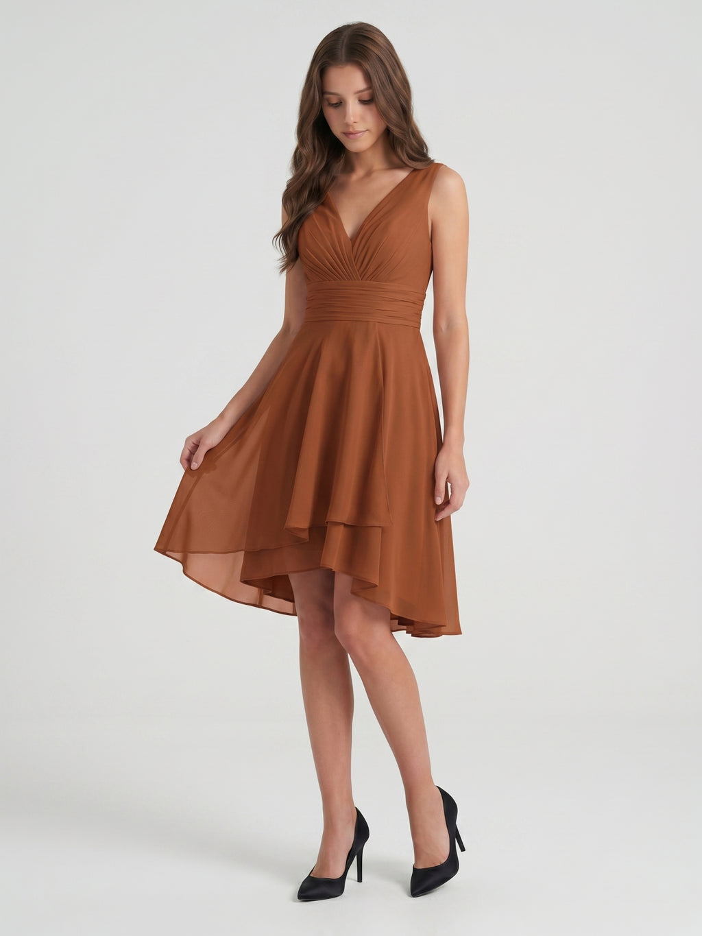 Terracotta Chiffon A-Line V-Neck V-Back Knee-Length Pleated Bridesmaid Dress