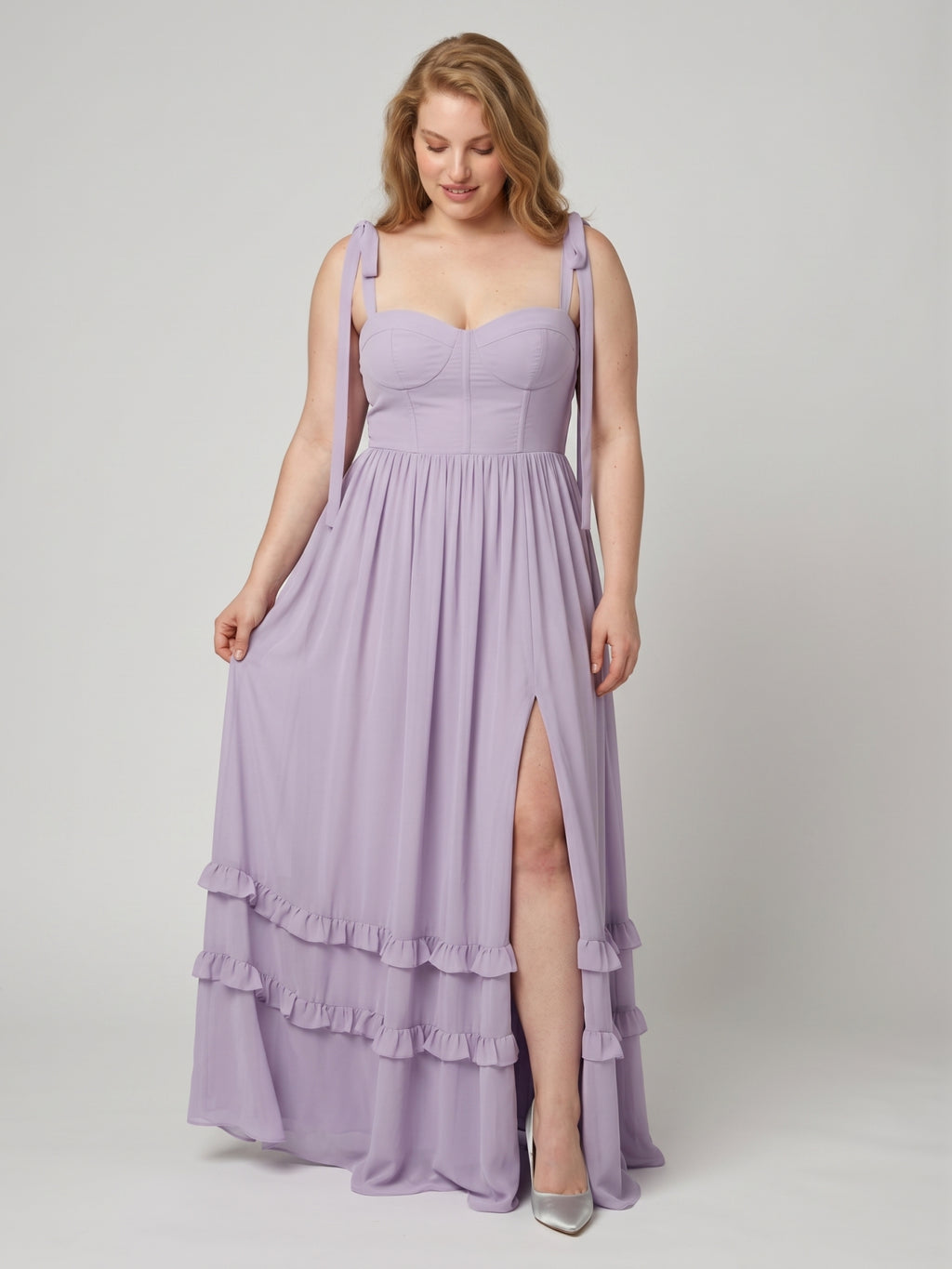 Coquette Lavender Chiffon A-Line Straight Neck Backless Ankle-Length Plus Size Bridesmaid Dress
