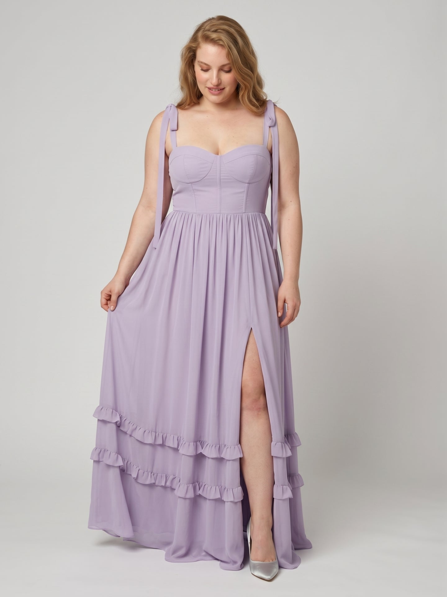 Coquette Lavender Chiffon A-Line Straight Neck Backless Ankle-Length Plus Size Bridesmaid Dress